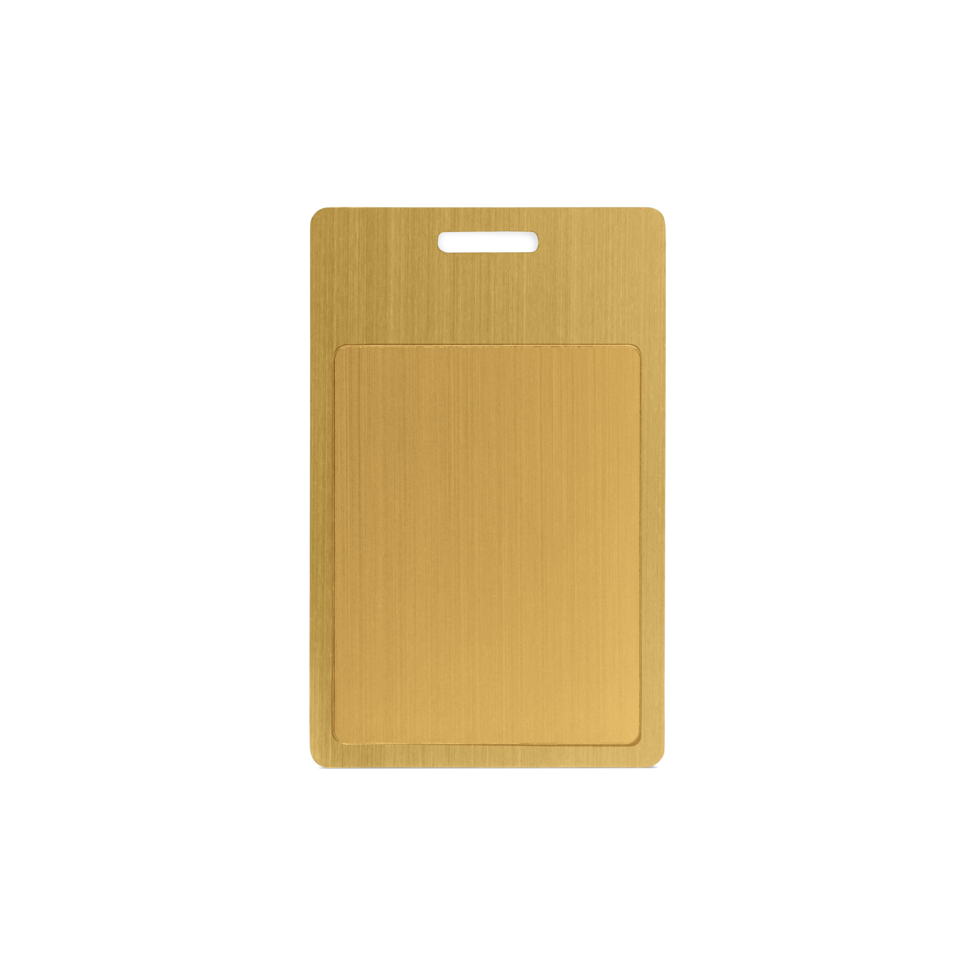 NFC Karte Metall beidseitig bedruckt - 85,6 x 54 mm - NTAG213 - 180 Byte - gold - Hochformat mit Schlitz