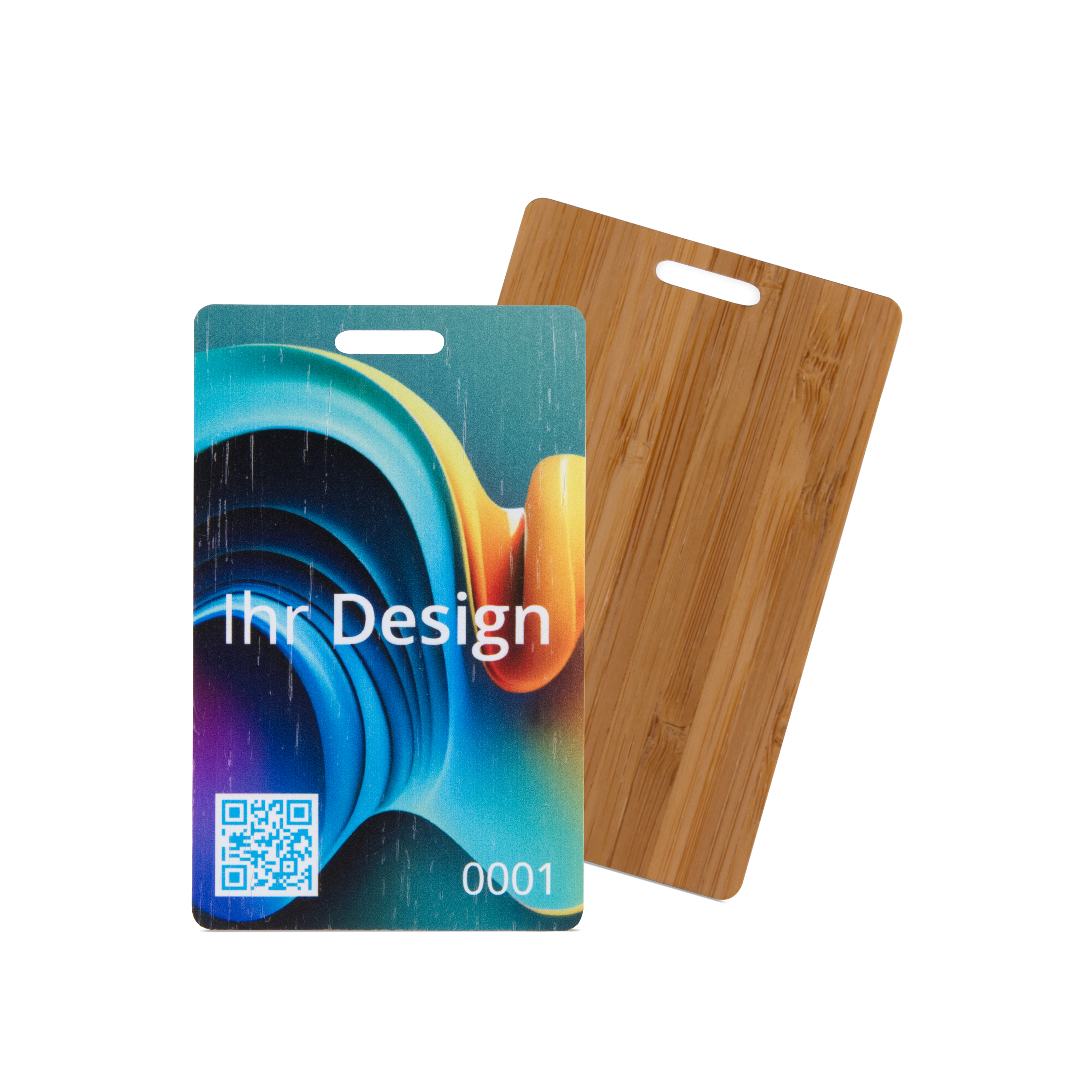 NFC Karte Bambus einseitig bedruckt - 85,6 x 54 mm - NTAG213 - 180 Byte - Holzoptik - Hochformat mit Schlitz