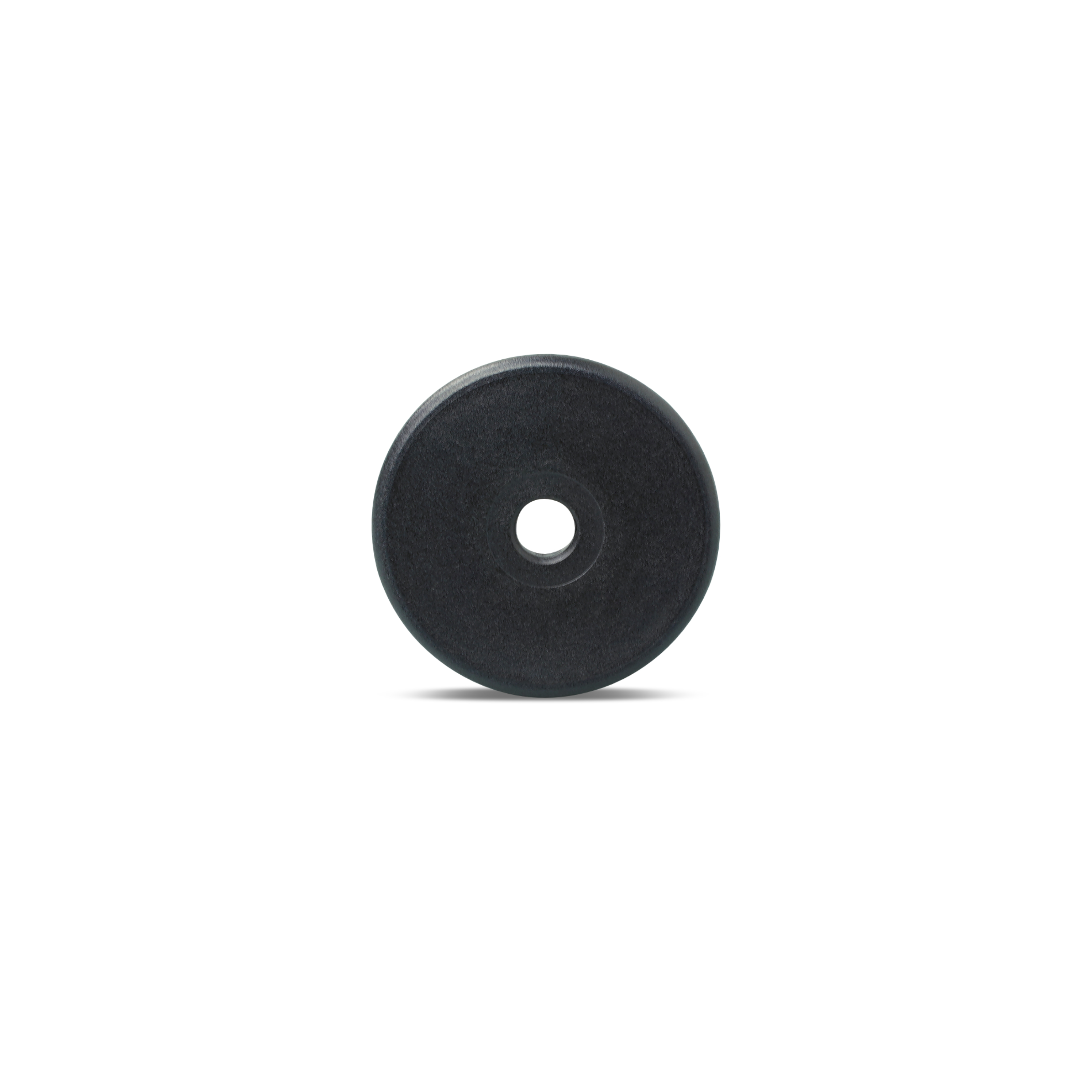 Vorderseite NFC Münze aus PPS in schwarz mit Lochung in der Mitte