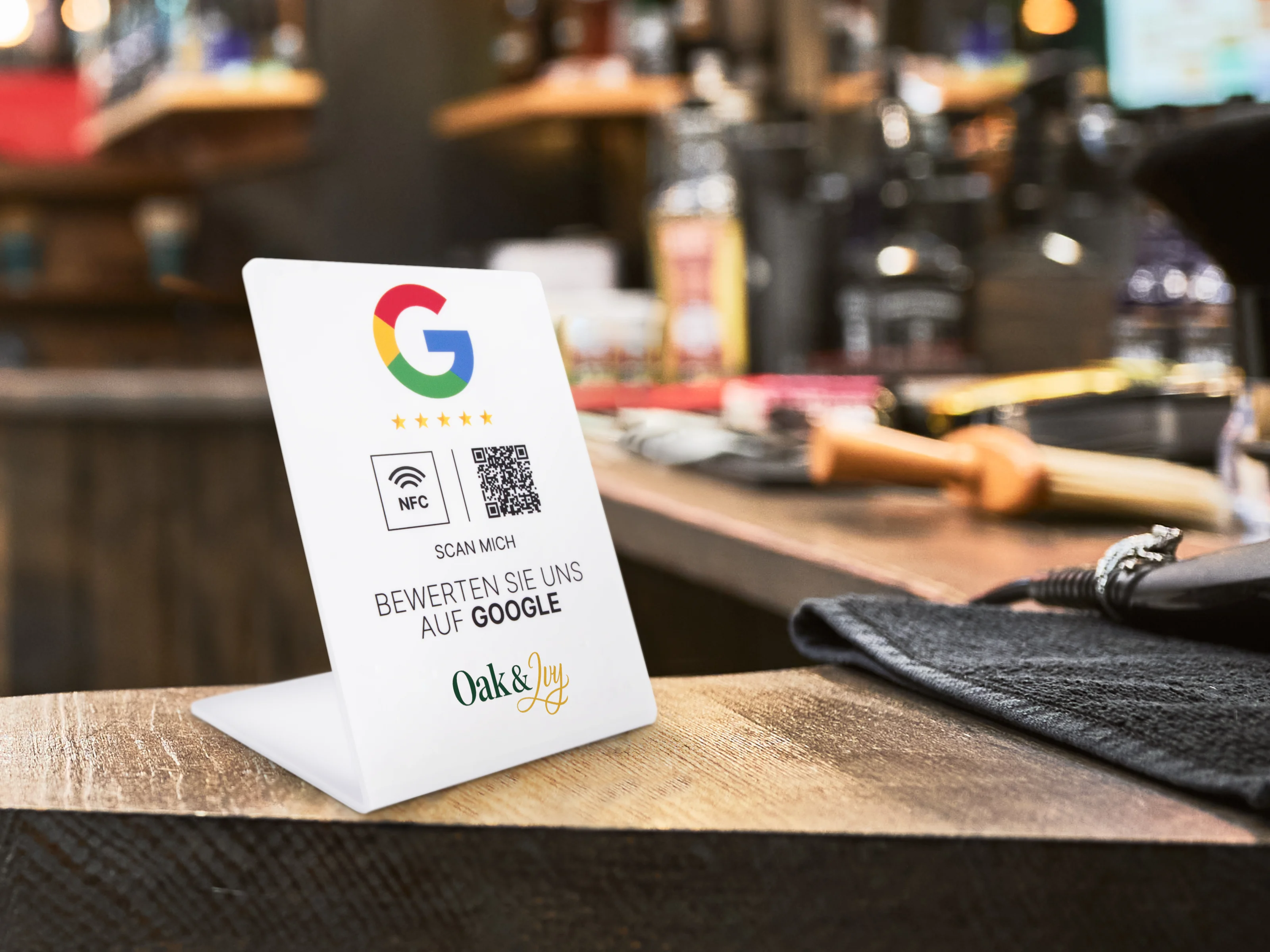 Google Bewertung NFC Aufsteller - Logodruck unten - Acryl - 110 x 150 mm - weiß glänzend