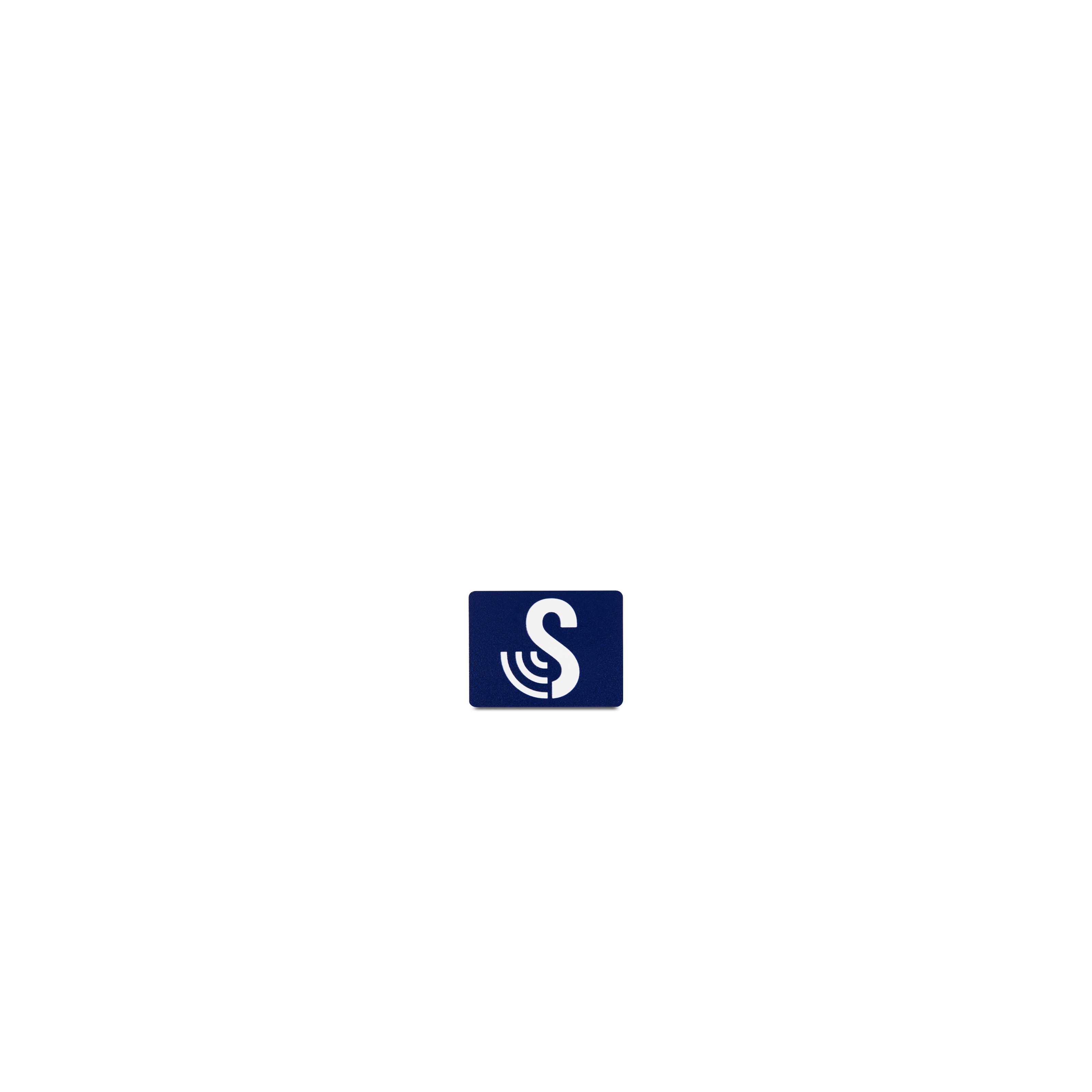Front view of the standard rectangular SenseTap sticker. The sticker measures 20 × 15 mm. It is dark blue and features the SenseTap logo, which consists of a large white S with three curved lines extending to the left.