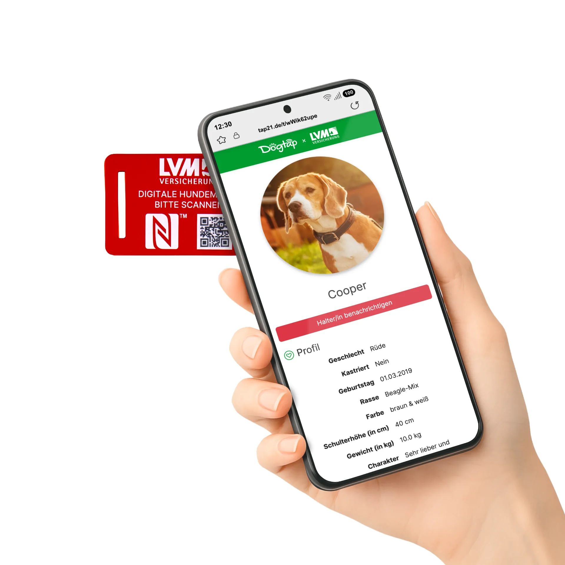 Dogtap Light Big - LVM Edition - Digitale Hundemarke - Silikon - 67 x 40 mm - rot