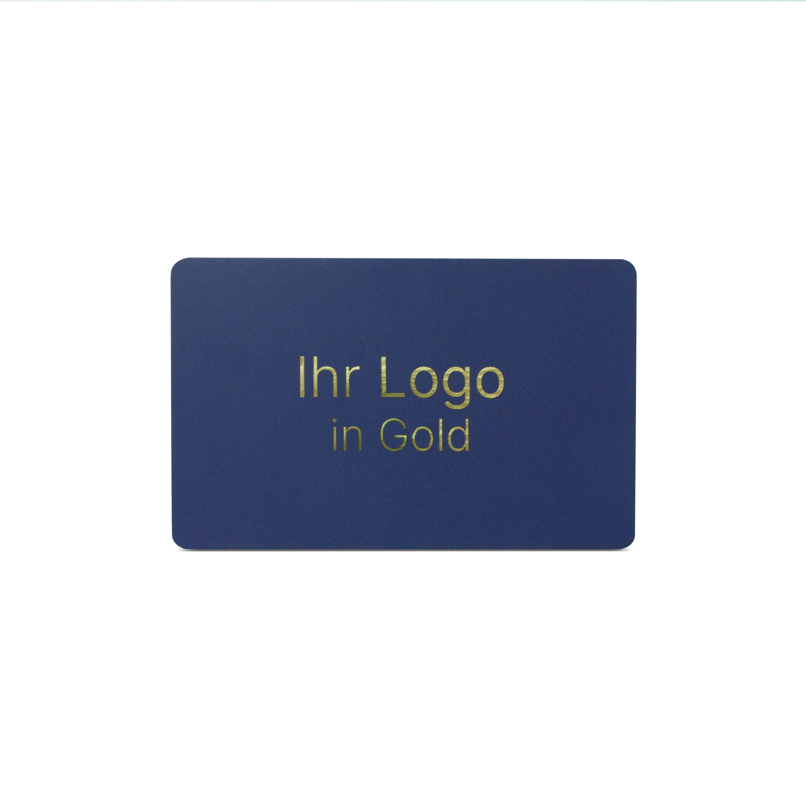 Blaue NFC Karte aus PVC mit Bedruckung "Ihr Logo in Gold"
