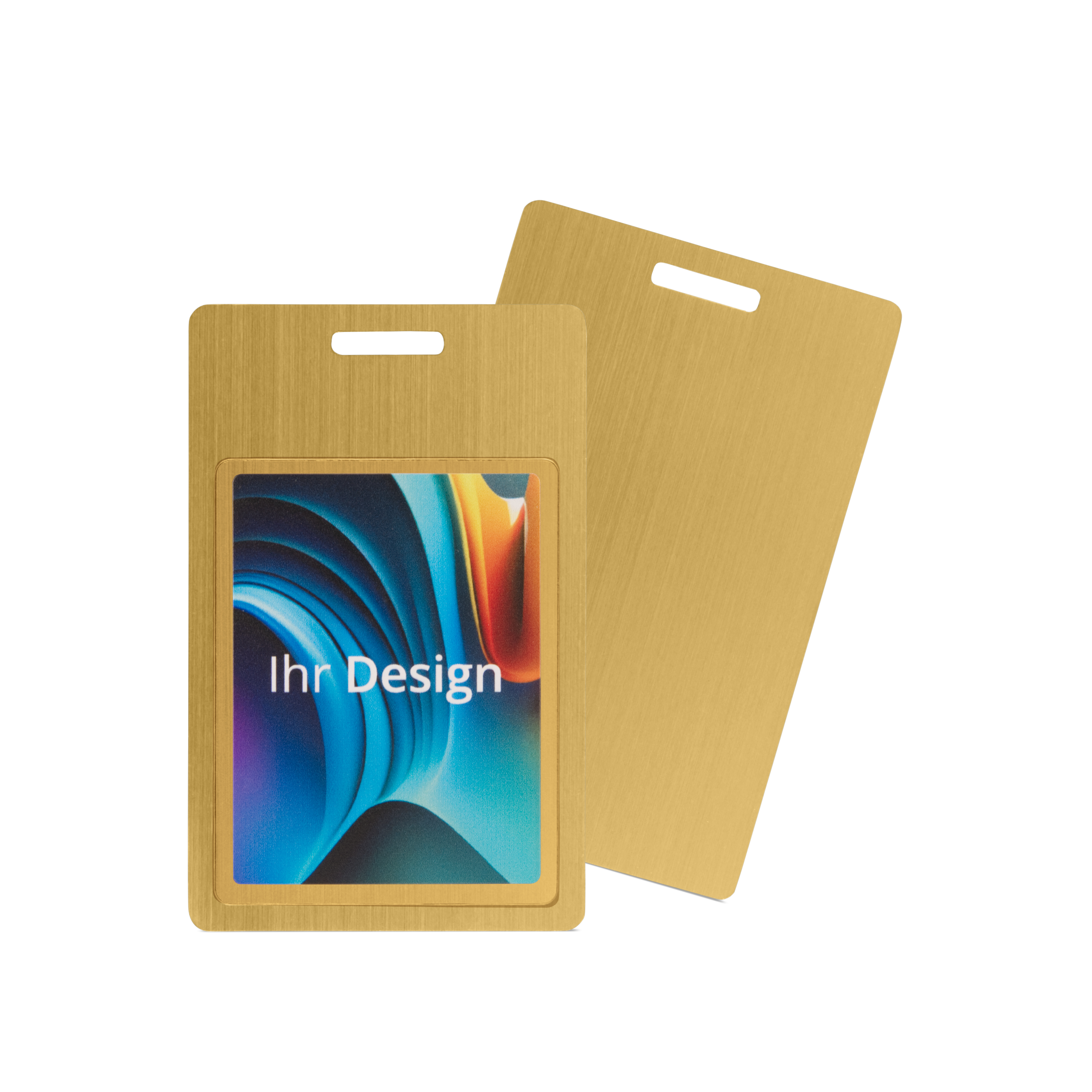 NFC Karte Metall einseitig bedruckt - 85,6 x 54 mm - NTAG213 - 180 Byte - gold - Hochformat mit Schlitz
